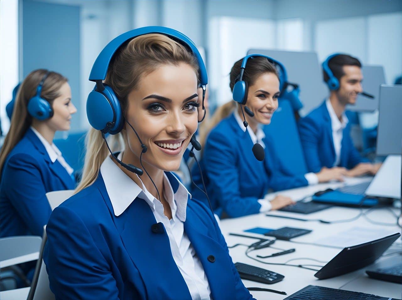 Operatori di call center outbound con cuffie e microfono in un ambiente professionale, impegnati in attività di telemarketing con software cloud.